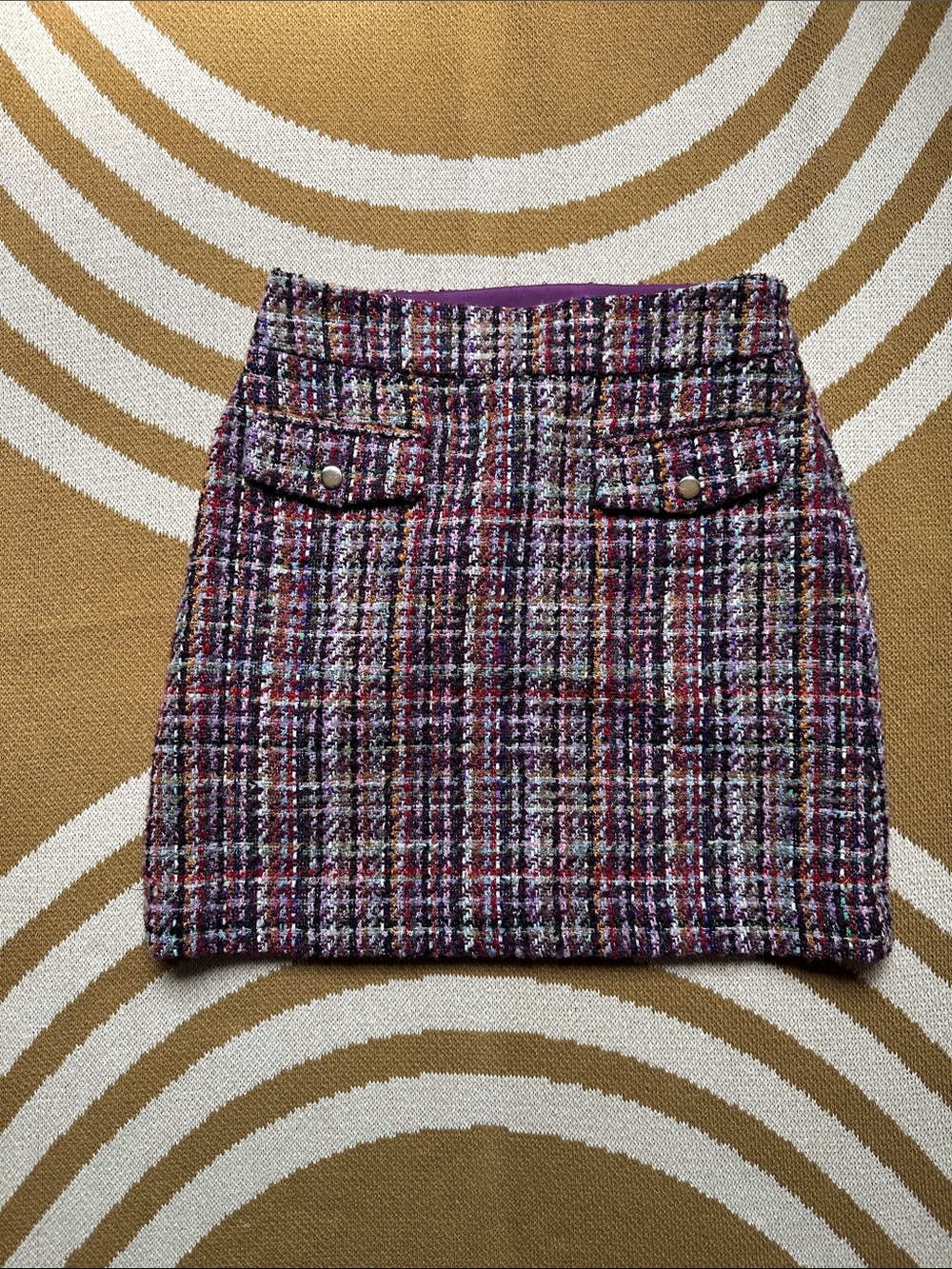 LOFT Purple Multicolor Tweed Mini Skirt with Front Flap Pockets
